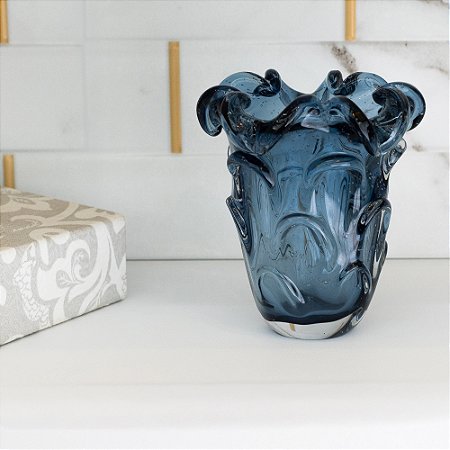 VASO DE VIDRO FLOR ITALY AZUL - P