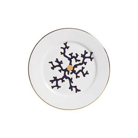 PRATO DE SOBREMESA BRANCO COM CORAL AZUL E BORDA DOURADA