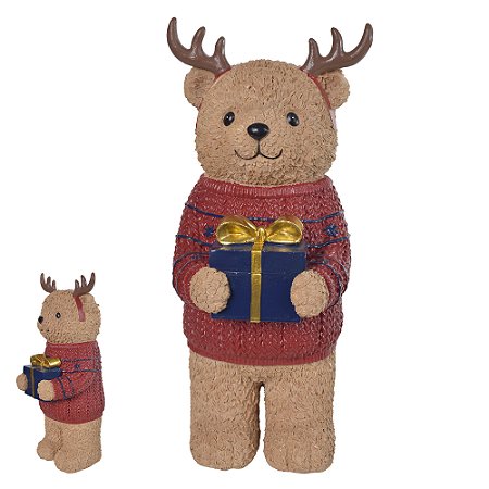 URSO DE NATAL COM SUETER VERMELHO E PRESENTE AZUL