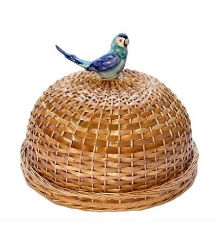 PORTA BOLO / BOLEIRA DE VIME NATURAL COM PÁSSARO AZUL