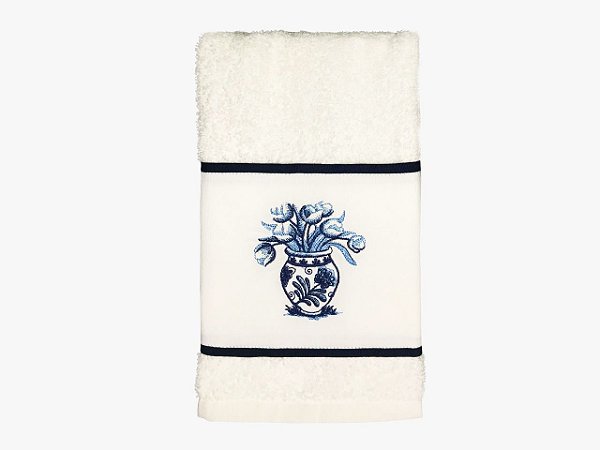 TOALHA BORDADA PARA LAVABO - VASO DE FLORES AZUL