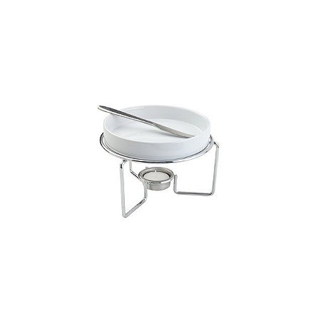 CJ RECHAUD CERAMICA P/QUEIJO BRIE C/ FACA AÇO INOX E BASE NIQUELADA