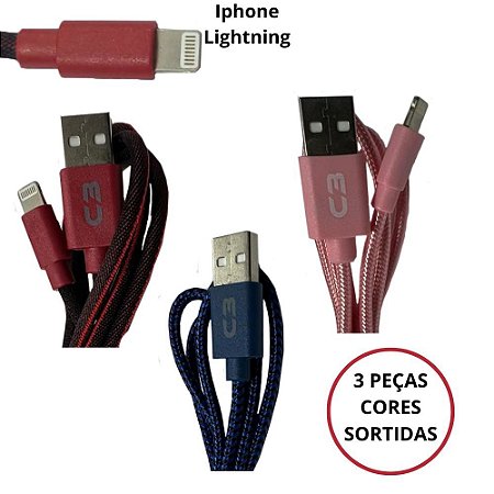 Kit 3 Cabos Carregador Licenciado Iphone USB Reforçado 1M do 6 - 12