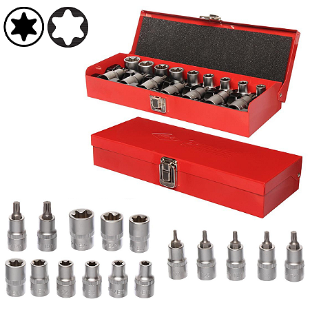 Jogo Soquete E-torx E Bits Torx 1/2 Crv + Maleta 16pçs Corneta