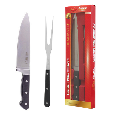 Kit Faca e Garfo Trinchante para Carne Churrasco Corneta - 2pçs