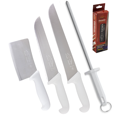 Kit de Facas Carne Churrasco Açougue + Chaira Corneta - 5pçs