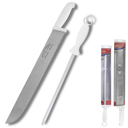 Kit Faca Para Carne Churrasco Açougue 14pol/35cm + Chaira 12pol/30cm