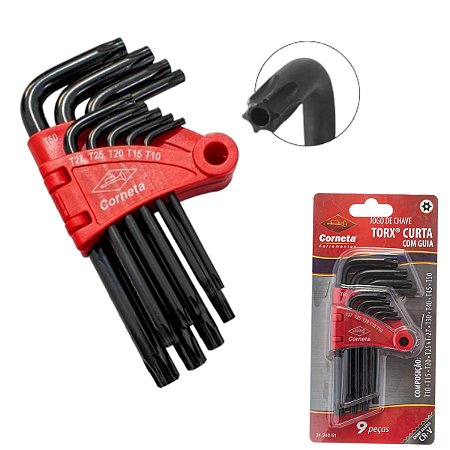 Jogo Chave L Torx Curta Com furo Guia T8 a T50 - 10 Peças