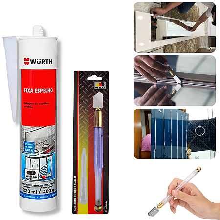 Kit Fixa Espelhos Cola Vidros Plástico + Cortador Profissional - Wurth