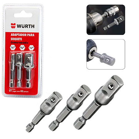 Kit 3 Adaptadores Para Soquete Furadeira Parafusadeira 1/4, 3/8, 1/2