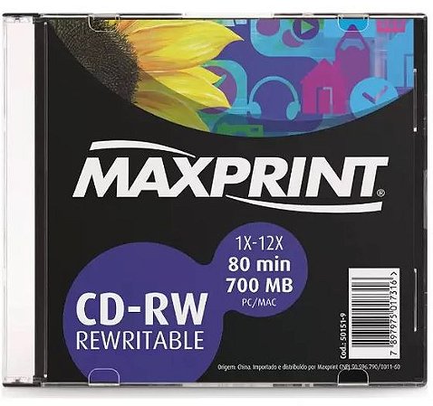 CD-RW 700MB 12X - Regravável - Box Slim - Unidade - Maxprint 501519