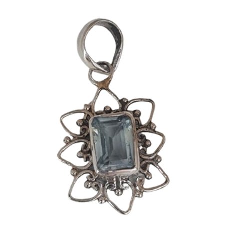 Pingente Água Marinha Quadrado Flor de Prata 925