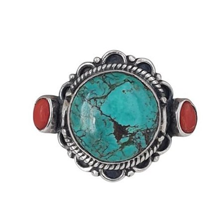 Anel Coral e Turquesa de Prata 925