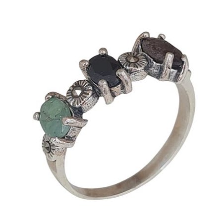 Anel Aliança Quartzo Caramelo / Quartzo Verde / Hematita Prata 925