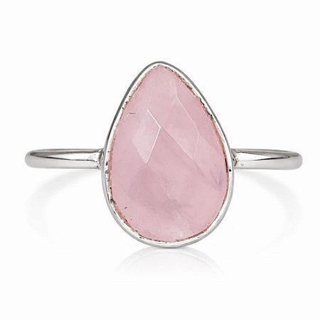 Anel Quartzo Rosa Gota de Prata 925