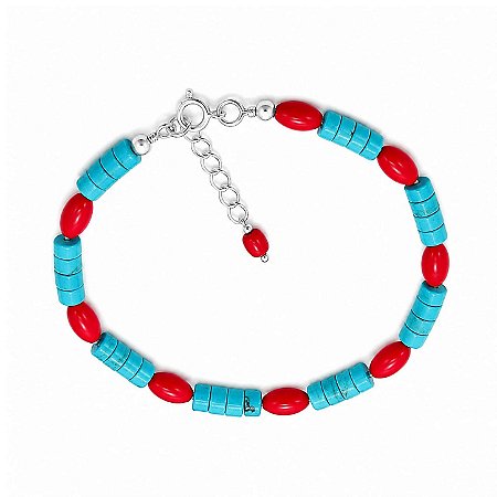 Pulseira Turquesa e Coral Prata 925