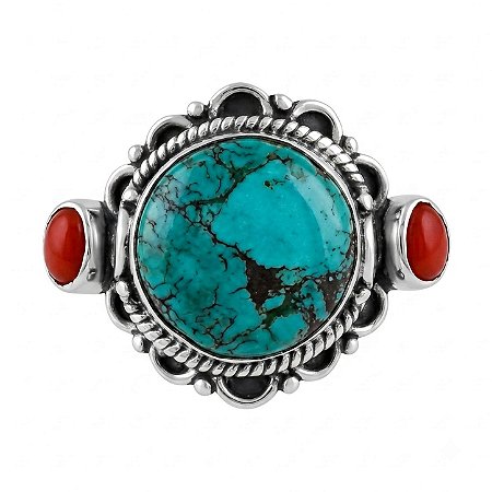 Anel Turquesa e Coral de Prata 925