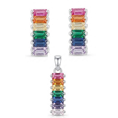 Conjunto Brinco e Pingente Colorido de Prata 925