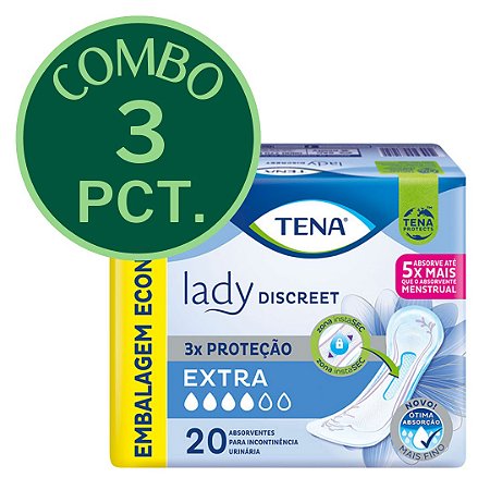 COMBO - 3 PACOTES - ABSORVENTE TENA LADY DISCREET EXTRA - 20 unid.