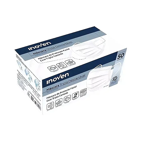 MÁSCARA DESCARTÁVEL TRIPLA CAMADA BRANCA INOVEN - 50 unid.