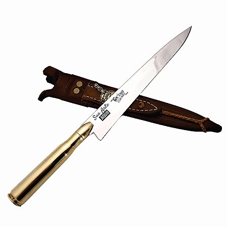 Faca Artesanal Lâmina Inox 8" Cabo Metal Munição .50 Militar