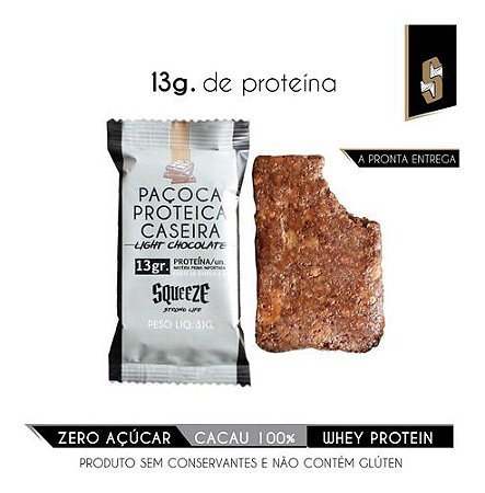 PAÇOCA PROTEICA CASEIRA CHOCOLATE 13G PROTEÍNA E ZERO AÇÚCAR - SQUEEZE (UNIDADE DE 31G)