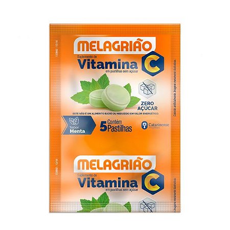 PASTILHA DE VITAMINA C MELAGRIÃO® SABOR MENTA SEM AÇÚCAR  - SACHÊ COM 5 PASTILHAS CATARINENSE NUTRIÇÃO