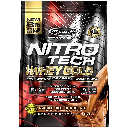 MUSCLETECH NITRO TECH 100% WHEY GOLD DOUBLE RICH CHOCOLATE 8LB (110 DOSES)