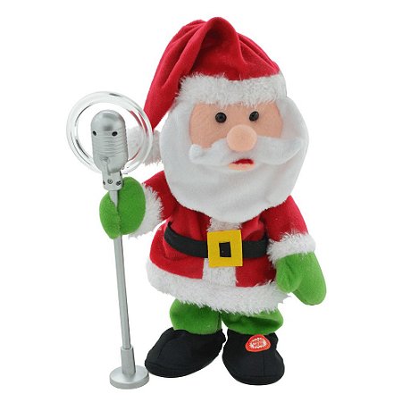 Papai Noel Boneco Natal Enfeite Pelúcia Microfone 34cm Som Movimento À Pilha Adorno