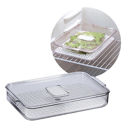 Organizador Geladeira Escorredor 33x21cm Tampa Empilhável Frutas Verduras Cozinha