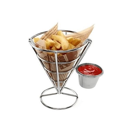 Cone Servir Batata Frita Petisco Suporte Cesta Com Molheria Aço Inox 10 x 15cm Prata