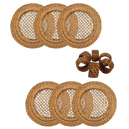 Kit 6 Sousplat Rattan Conjunto 6 Anel Guardanapo Natural Marrom Rustico Mesa Posta Premium