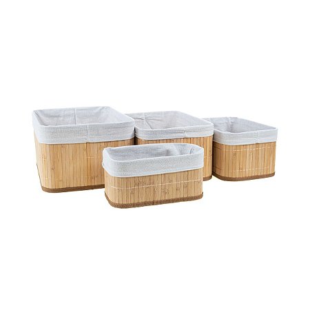 Conjunto 4 Caixa Cesto Retangular Bambu com Tecido Linho 24 28 32 37cm Casa Premium