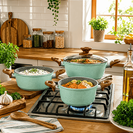 Jogo Panelas Caçarolas Indução 3 Peças Antiaderente Cerâmica Resistente Cozinha Completa