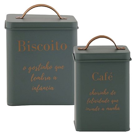 Conjunto 2 Porta Mantimentos Quadrado Café Biscoitos Tampa Aço 9 14cm Verde Organização Cozinha Premium