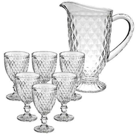 Kit Jarra e 6 Taças Vidro Água Suco 320ml 1,2L Transparente Clear Verre Mesa Posta Premium