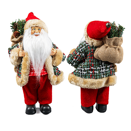 Boneco Papai Noel Vermelho Casaco Xadrez Verde 30cm Enfeite Natalino Premium Decoração Natal