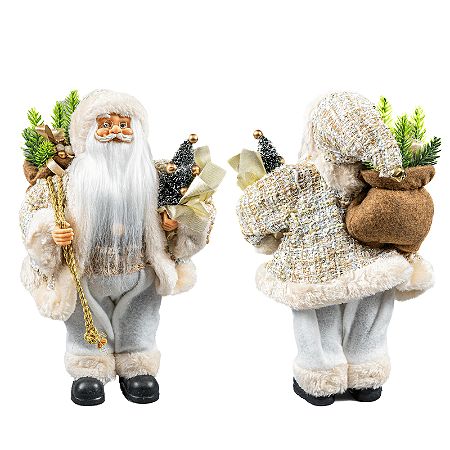 Boneco Papai Noel Casaco Creme Saco Presentes Detalhes Dourado 30cm Enfeite Natalino Premium Decoração
