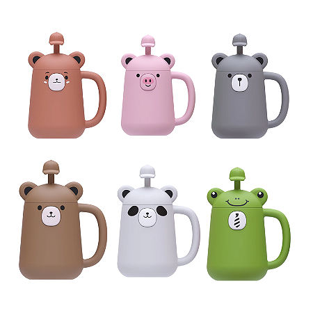 Copo Infantil Bebês Canudo Formato Animais 150ml Antivazamento Alça Silicone Flexível BPA Free