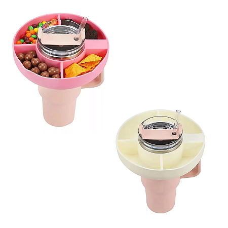 Prato Tigela Petisqueira 4 Espaços Lanches Suporte Para Copo Stanley Silicone Flexível 20cm BPA Free