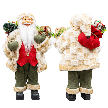 Papai Noel Decoracao Natal 40cm Casaco Pele Colete Vermelho Enfeite Natalino Premium