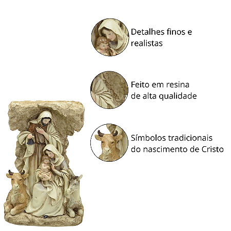 Sagrada família Presépio Natalino Rústico 14x7x23cm Imagem Jesus Resina Decoração Premium
