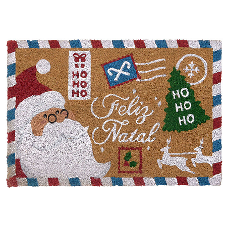 Capacho Tapete Retangular Cartão Postal Feliz Natal 60x40cm Fibra de Coco Resistente Entrada