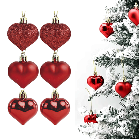 Kit 6 Enfeite Pendurar Arvore de Natal Coracao Vermelho 4,5cm Decoracao Natalina Premium