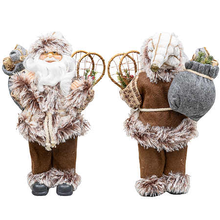 Boneco Papai Noel 45cm Casaco de Pele Calça Feltro Marrom Luxo Decoracao de Natal Premium