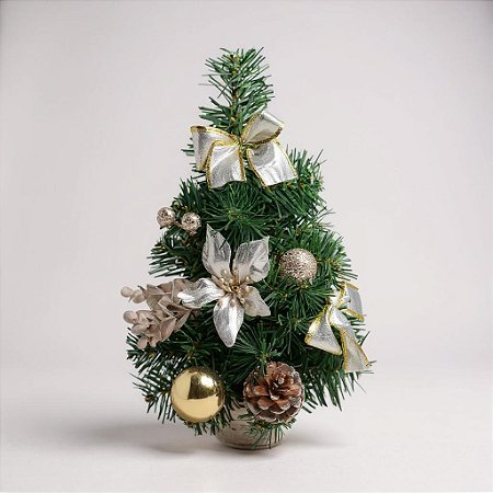 Mini Arvore Natal Pinheiro Decorada Laços Bico Papagaio Champanhe 31cm Enfeite Natalino Decoração Premium