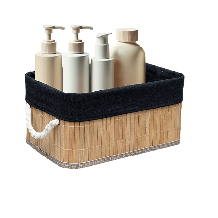 Caixa Cesto Organizador Bambu Natural Tecido Linho Preto e Corda 28x18x14cm Retangular Organização Casa