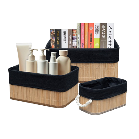 Conjunto 3 Caixa Cesto Retangular Bambu com Linho Preto 24 28 32cm Organização Casa Premium