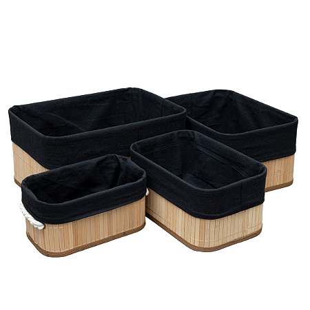 Conjunto 4 Caixa Cesto Retangular Bambu com Tecido Linho Preto 24 28 32 37cm Casa Premium