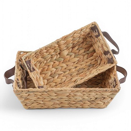 Conjunto 2 Cesto Fibra Seagrass Natural Alça em Couro Organização Decoracao Mesa Servir